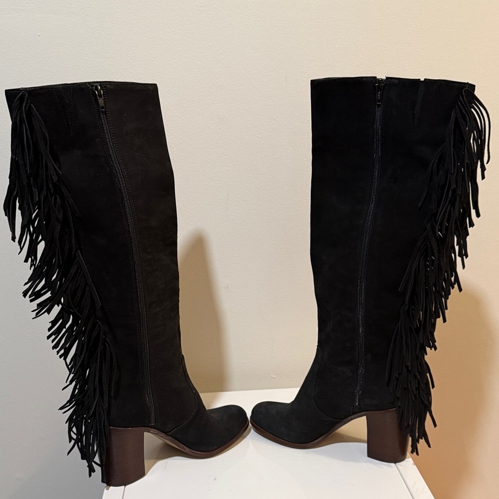 Gianni Bini Women's Black Suede Knee High Fringe Boots Size 8 - Picture 7 of 16
